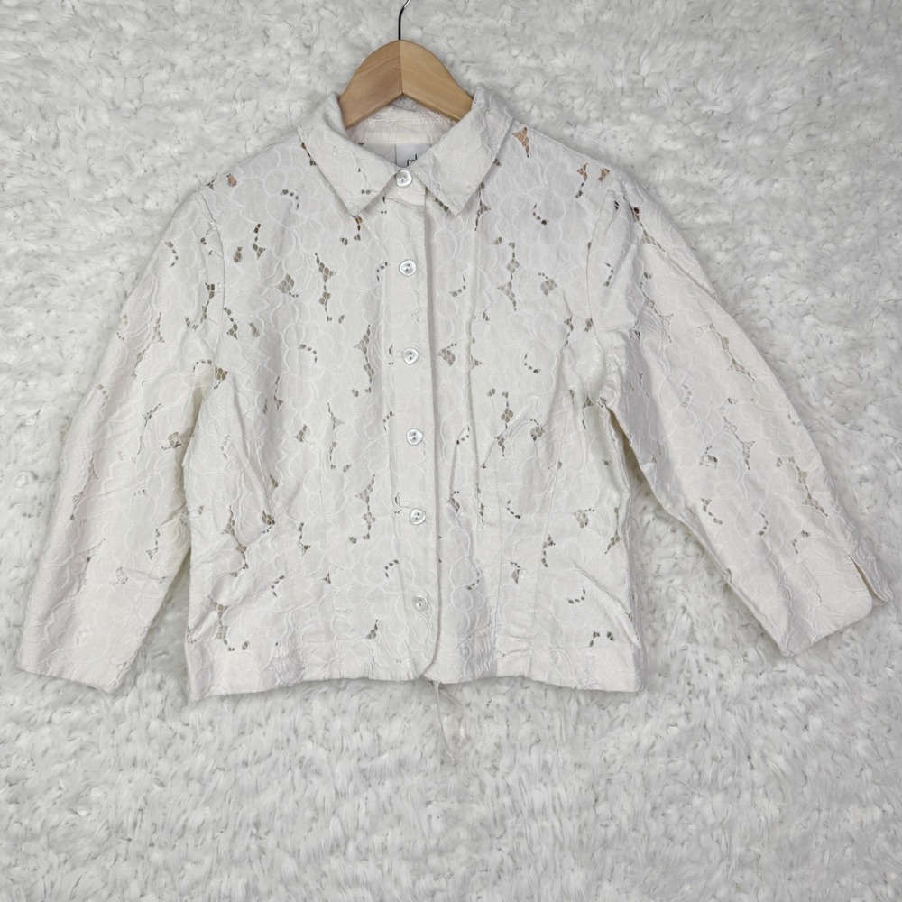 Cabi White Lace Eyelet Button Front‎ Cropped Jacket Top Womens Size M
